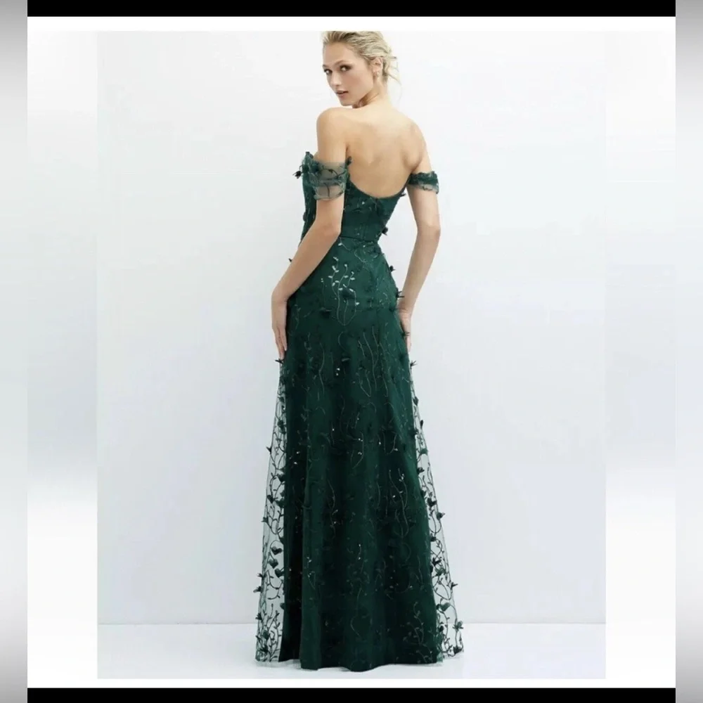 New Dessy Group OFF THE SHOULDER A LINE 3D FLORAL EMBROIDERED Maxi Dress 12R - Picture 3 of 4